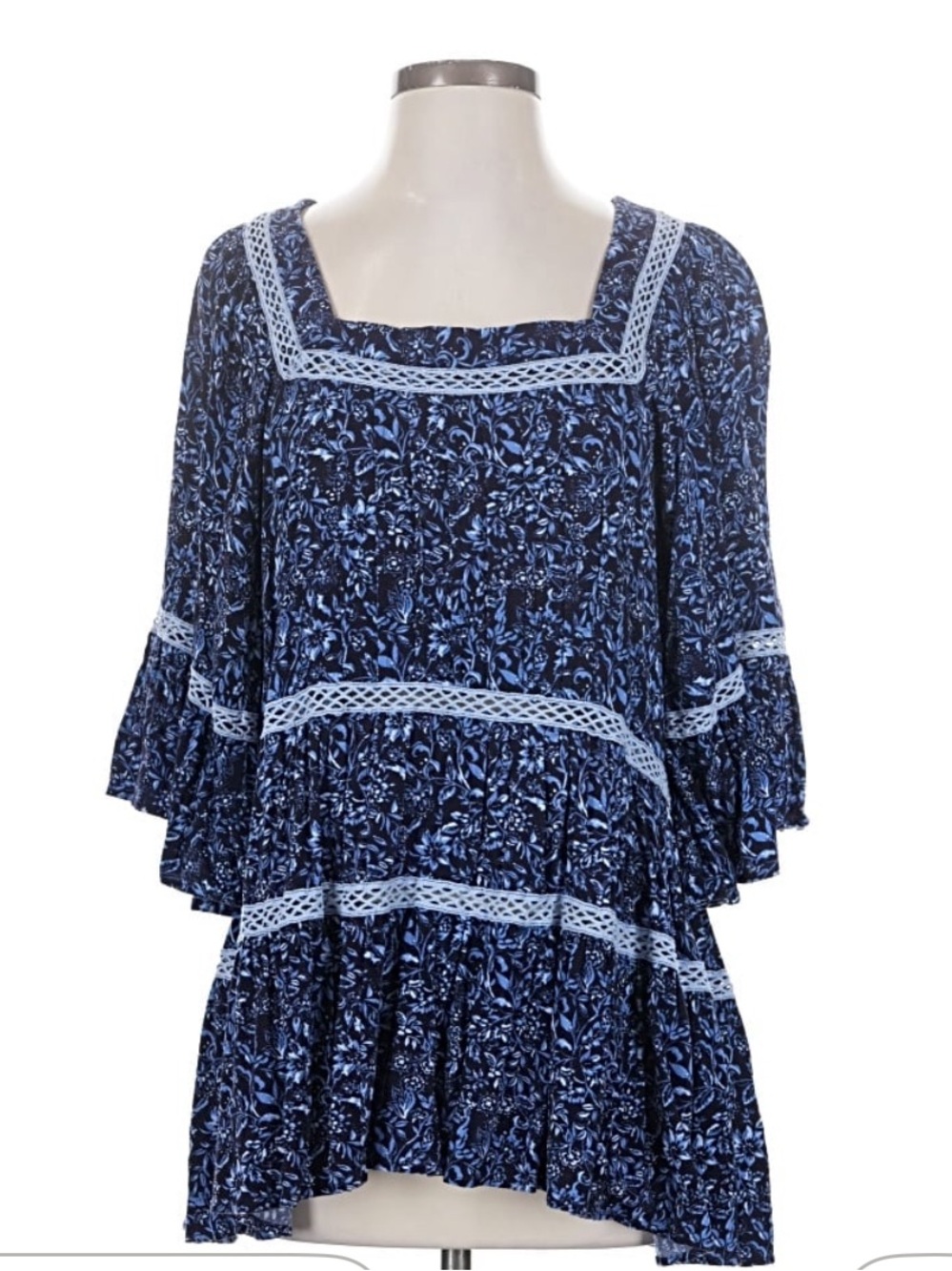 Free People Navy Floral Square-Neck Boho Tunic